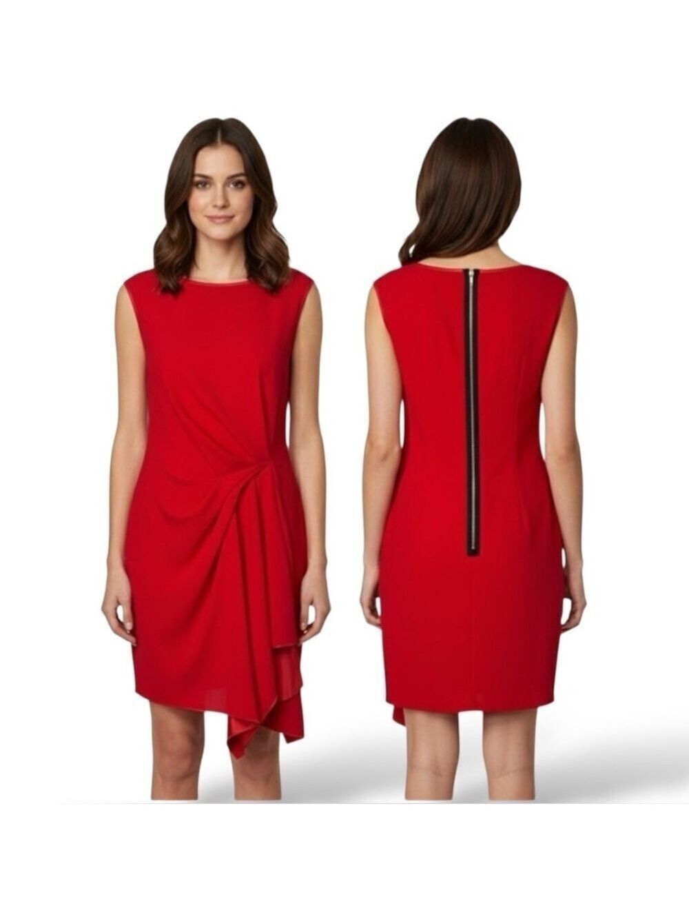 RACHEL ROY Red Dress Exposed Zipper Asymetrical Hem Gathered and Rusched Front L